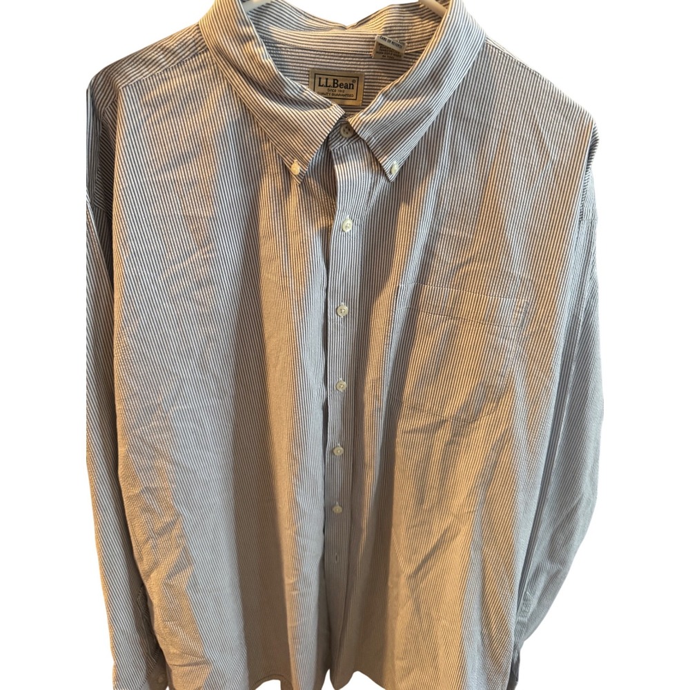LL Bean‎ Mens Classic Fit Button Down Shirt Blue White Pinstripe Long Sleeve